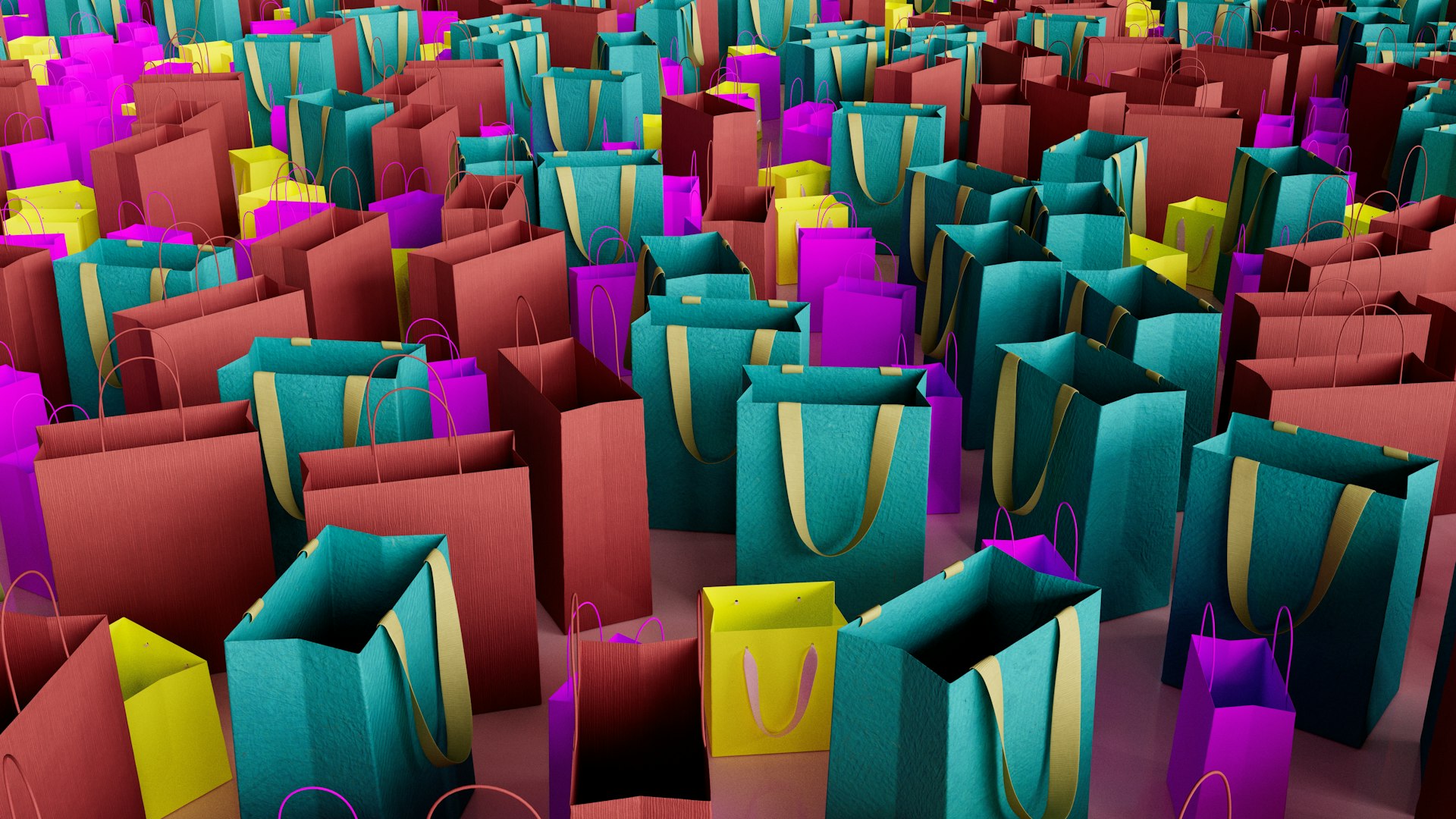 Colorful shopping bags are packed closely together.